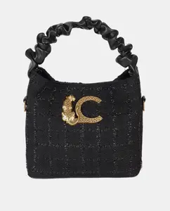 Маленькая твидовая сумка со сборчатой ​​ручкой и леопардовым логотипом LC Lola Casademunt, черный