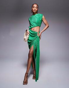 ASOS DESIGN Tall металлизированное плиссированное платье миди зеленого цвета с угловатой отделкой на талии ASOS Tall