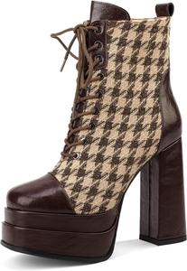 Женские ботильоны TinaCus из натуральной кожи с отделкой в клетку, боковой молнией и шнуровкой, квадратный носок, высокие каблуки на платформе, Brown