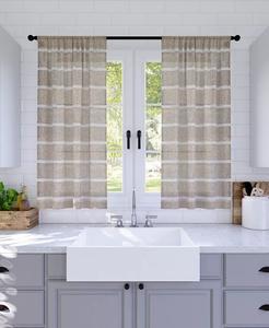 Пара прозрачных штор для кафе с защитой от пыли и льна в полоску из саржи Clean Window, бежевый