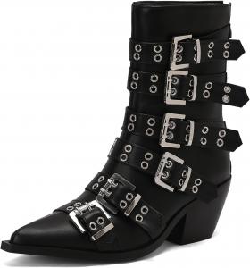 Roimaash стильная пряжка для ремня, готические ботинки для женщин, ботильоны до щиколотки с широким каблуком, ковбойские ботинки, 105 Pu-Black