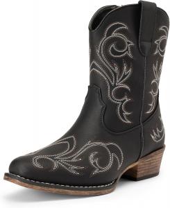 Женские ковбойские сапоги DREAM PAIRS с вышивкой, стежками, короткие ботильоны с квадратным носком и массивным каблуком, модные с молнией, Black