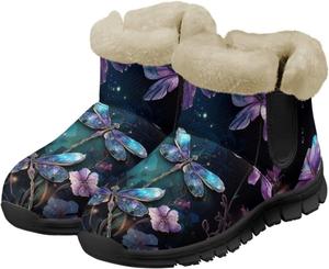 Зимние сапоги для женщин, теплые легкие пушистые ботинки, удобные для надевания, ботильоны для ходьбы, обувь для дома и улицы Chririnla, Galaxy Floral Dragonfly