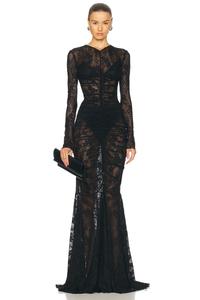 Длинное платье с V-образным вырезом, рукавами до запястья, сборкой на лифе и расклешенным подолом Norma Kamali, Black