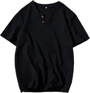 Мужская льняная рубашка хенли с V-образным вырезом и коротким рукавом SWJGLITTR