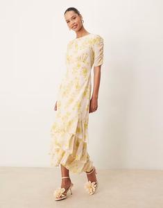 Короткое платье миди с цветочным принтом Floral, с рукавами-рюшами, разноцветное Anaya, мультиколор