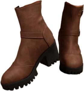 Женские зимние ботинки с боковой молнией, пряжкой, каблуком, круглый носок, повседневные Generic, Brown-B