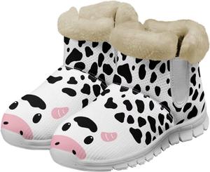 Женские зимние ботинки против скольжения, удобные ботильоны с водонепроницаемым флисом, ботильоны до щиколотки на плоском каблуке, модные ботильоны Psesaysky, Cute Cow