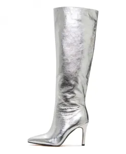 Элегантные серебряные металлические сапоги до колена - модная обувь на высоком каблуке, привлекающая внимание - серебристый цвет. Cesare Gaspari, серый