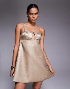 Мини-платье-трапеция ASOS DESIGN с вырезом и отделкой стразами цвета металлик