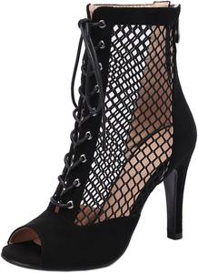 Женские сандалии SHEMEE с открытым носком, сеткой, высокими каблуками-стилетами, ботильоны на шнуровке с открытым носком и задней молнией для лета, Black Suede 7Cm Heel