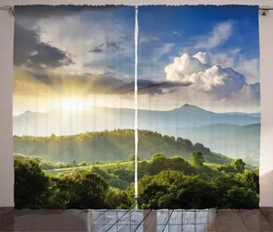 Штора ABAKUHAUS Country House Rustic, Sunrise Woodland, для спальни, присборенная тесьма с петлями и крючками, 280 x 245 см, оливково-зеленый, сине-желтый Abakuhaus