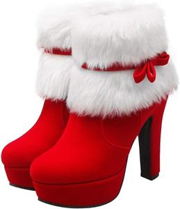 Рождественские ботильоны Happyyami с мехом, зимние ботильоны с бантом для женщин No Brand, Red 6.5