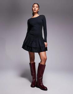 Мини-платье ASOS DESIGN в рубчик с тканой юбкой черного цвета