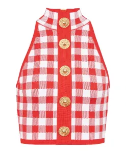 Вязаный топ без рукавов в мелкую клетку Balmain, красный