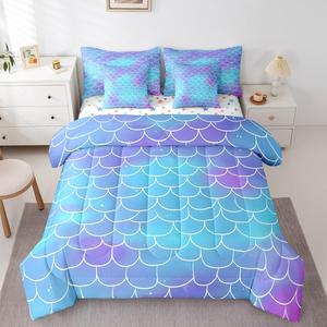 Erosebridal Комплект постельного белья Ombre Fish Scales с градиентным принтом в стиле русалки, Purple Blue