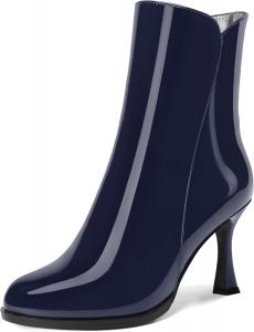 Женские ботильоны AMBELIGHT с закрытым носком, на молнии, из лакированной кожи, с высокими шпильками 3,3 дюйма, подходящие для свадебного платья, Navy Blue
