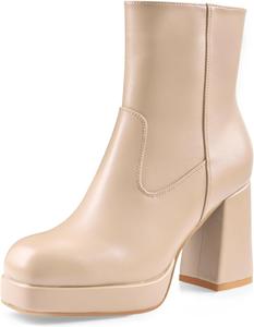 Женские ботильоны на высокой массивной подошве с квадратным носком и боковой молнией Oh Mispares, уютные кожаные ботинки Gogo, Beige/Nude Pu