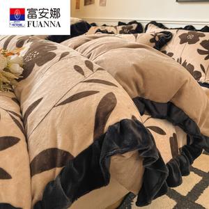 Fuanna Комплект постельного белья из 4 предметов (простыня на резинке 150 см, пододеяльник 200х230 см), молочный бархат с кружевом, цвет Hepburn Lace - Black Flower Petals