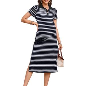 Платье миди с воротником, коротким рукавом, полосками, резинкой, пуговицами и разрезом сбоку для беременных Clearflower, Navy