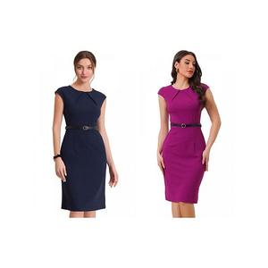 2 элегантных офисных платья для женщин с круглым вырезом, короткими рукавами и поясом Allegra K, Dark Blue Purple