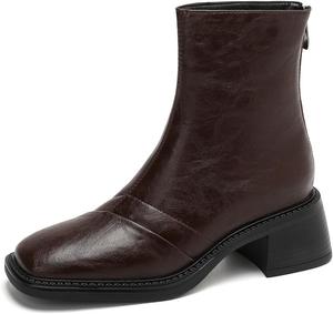 Женские западные ботильоны Челси на щиколотку с задней молнией, квадратным носком, массивным средним каблуком, ретро стильные короткие ботинки JOEUSTY, Brown