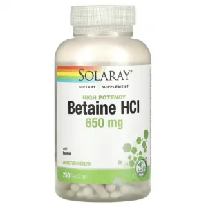 Высокоэффективный бетаин-гидрохлорид с пепсином High Potency Betaine HCl with Pepsin, 650 мг, 250 капсул, Solaray