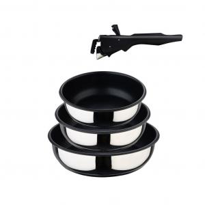 Bergner Click&Cook - набор из 4 сковородок - кусочки 18, 20 и 24 см + съемная ручка - нержавеющая сталь с антипригарным покрытием - для всех типов плит и духовок - сковорода