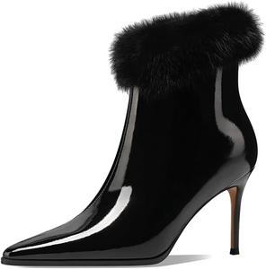 Женские ботильоны XYD из искусственного меха с высоким каблуком-стойкой, боковой молнией, короткие ботинки с заостренным носком, модная лакированная кожа, праздничные рождественские туфли, Black