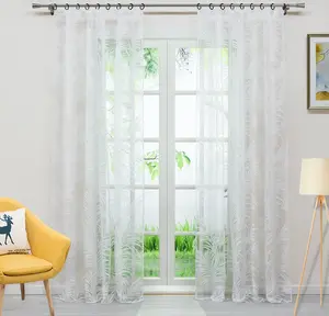 Штора (1 шт.) со сборчатой лентой, декоративная вуаль, выгоревшая штора с узором из листьев, белая, 245 х 140 см (В х Ш). Joyswahl