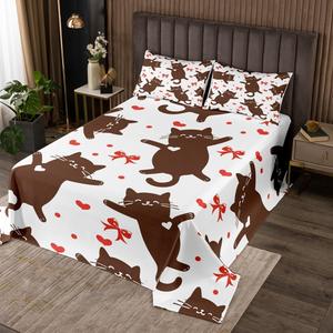Erosebridal Комплект постельного белья Kawaii Cats с милыми котиками и бантиками в стиле кавайи, Brown Red White