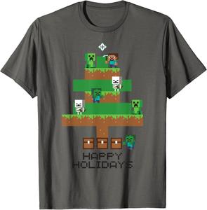 Футболка Minecraft Christmas Happy Holidays Mob Tree, серая (серый меланж), размер S