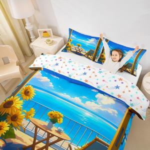 Erosebridal Комплект постельного белья в японском аниме стиле с тропическим принтом океана и подсолнухов, Blue Yellow Brown