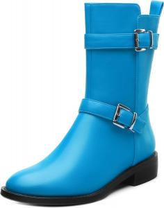 Женские ботинки ROSERWISH до середины икры, для верховой езды, с круглым носком, низким массивным каблуком, короткие ботинки, модные осенне-зимние боевые ботильоны с пряжкой, стильные ботинки на застежке-молнии