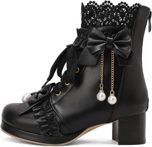 Женские ботильоны UniqueStride в стиле Kawaii Lolita с милым бантом из жемчуга, кружевом, грубым каблуком и круглым носком, Black