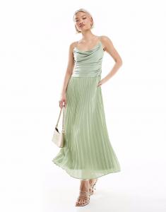 Платье макси подружки невесты TFNC с воротником-хомутиком и плиссированной юбкой в ​​цвете зеленого шалфея
