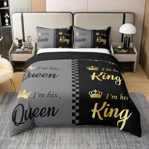 Erosebridal Комплект постельного белья His and Hers из 100% хлопка с романтичным принтом в виде сердечек, Black Gray Gold