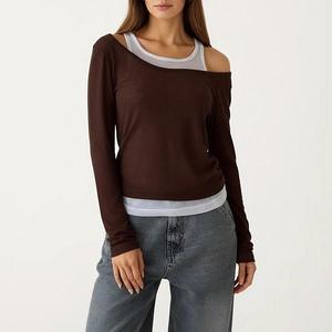 Топ с длинным рукавом и многослойной вязкой с открытыми плечами и свободным кроем Anna-Kaci, Coffee