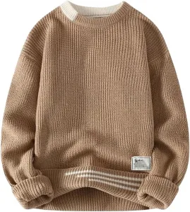 Мужской свитер с вязкой кабелем круглый вырез свободный осенне-зимний