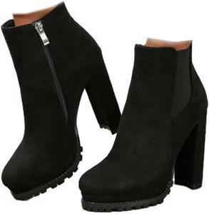 Женские ботильоны на высоком каблуке с боковой застежкой-молнией, круглым носком и массивным квадратным каблуком, модные короткие ботильоны Generic, Black
