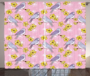 Штора ABAKUHAUS Spring Rustic, Птицы, сидящие на ветке дерева, универсальная ленточная штора для гостиной с петлями и крючками, 280 x 225 см, нежно-розовый, горчично-сиреневый Abakuhaus