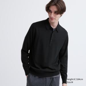 Рубашка поло с длинными рукавами из 100% очень тонкой вязки мериноса Uniqlo, черный