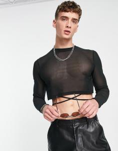 Черная укороченная футболка скинни с длинными рукавами и завязками ASOS DESIGN