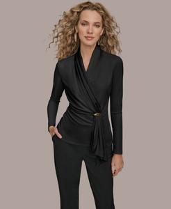 Женская вязаная блузка с длинными рукавами и имитацией запаха Donna Karan New York, Black