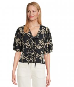 Топ CeCe Embrodiery Short Sleeve Open Tie Front Top, Night Shade