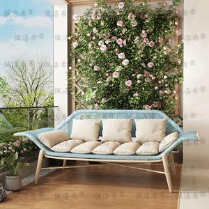 Yu Senyi Кресло из ротанга для балкона, трехместное, peacock blue, повышенное и усиленное