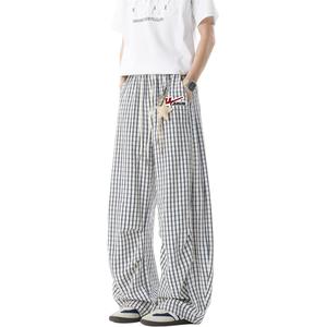 WARRIOR Повседневные брюки Unisex Blue Plaid DIY Badge Moderate Straight Fit