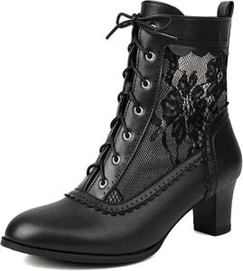 Женские винтажные викторианские ботинки 70-х годов с шнуровкой, ботильоны на среднем каблуке, ведьминские или бабушкины ботинки, костюмные туфли с миндалевидным носком, конусовидный каблук Generic, Black-D