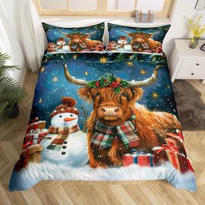 Erosebridal Комплект постельного белья с новогодним принтом Highland Cattle и снеговиками, White Brown