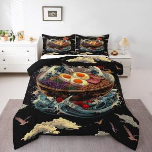 Erosebridal Комплект постельного белья Ramen Noodle в японском аниме стиле с принтом океанских волн и еды для детей, Black Orange Blue